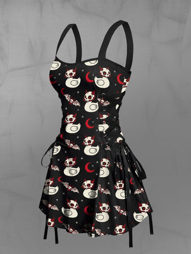 Gothic Skull Duck Bat Moon Star Print Lace Up A Line Dress