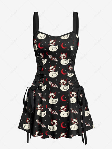 Gothic Skull Duck Bat Moon Star Print Lace Up A Line Dress