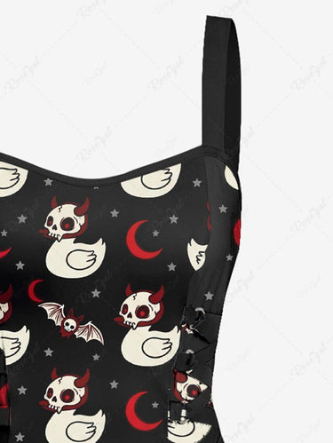 Gothic Skull Duck Bat Moon Star Print Lace Up A Line Dress