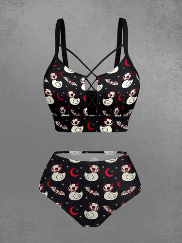 Gothic Skull Duck Bat Moon Star Print Lace Up Tankini Swimsuit (Adjustable Shoulder Strap)