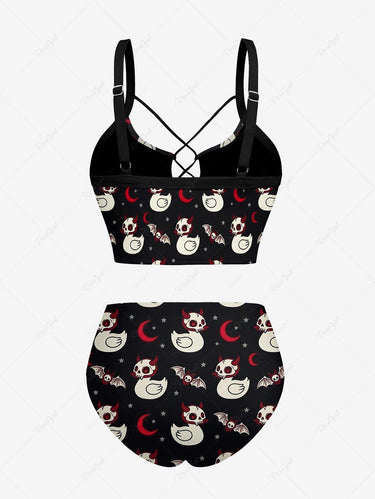 Gothic Skull Duck Bat Moon Star Print Lace Up Tankini Swimsuit (Adjustable Shoulder Strap)