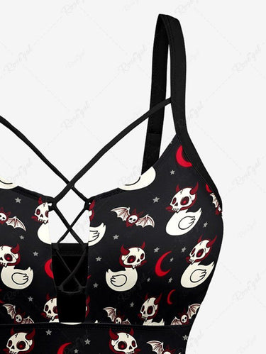 Gothic Skull Duck Bat Moon Star Print Lace Up Tankini Swimsuit (Adjustable Shoulder Strap)