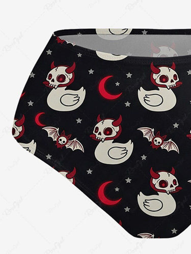 Gothic Skull Duck Bat Moon Star Print Lace Up Tankini Swimsuit (Adjustable Shoulder Strap)
