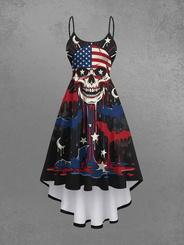 Gothic Plus Size Skull Patriotic American Flag Bat Moon Star Print High Low Asymmetric Dress
