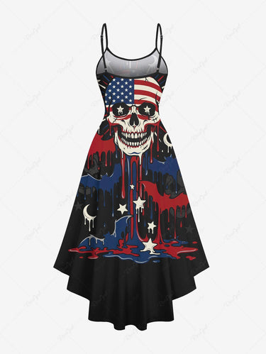 Gothic Plus Size Skull Patriotic American Flag Bat Moon Star Print High Low Asymmetric Dress