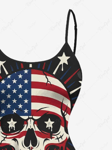 Gothic Plus Size Skull Patriotic American Flag Bat Moon Star Print High Low Asymmetric Dress