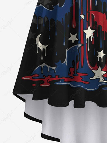 Gothic Plus Size Skull Patriotic American Flag Bat Moon Star Print High Low Asymmetric Dress