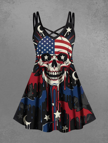 Gothic Plus Size Skull Patriotic American Flag Bat Moon Star Print Crisscross Strappy A Line Dress