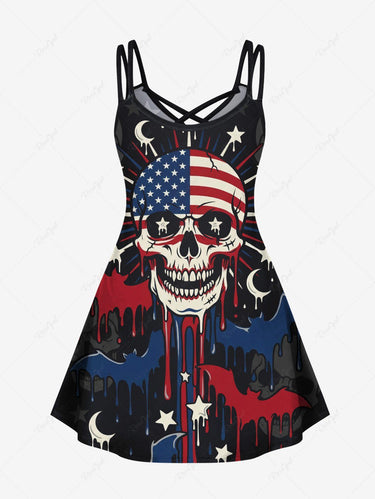 Gothic Plus Size Skull Patriotic American Flag Bat Moon Star Print Crisscross Strappy A Line Dress