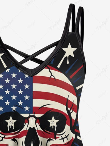 Gothic Plus Size Skull Patriotic American Flag Bat Moon Star Print Crisscross Strappy A Line Dress