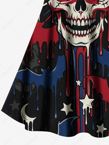 Gothic Plus Size Skull Patriotic American Flag Bat Moon Star Print Crisscross Strappy A Line Dress