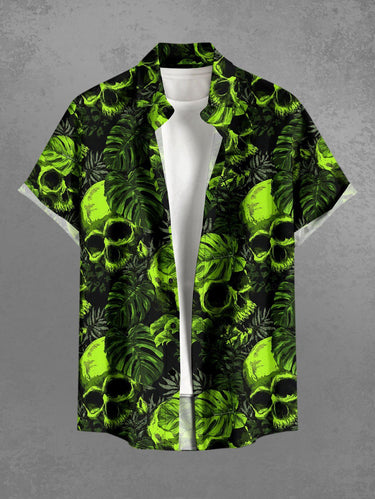 Gothic Plus Size Skull Tropical Leaf Print Button Pocket Shirt For Men