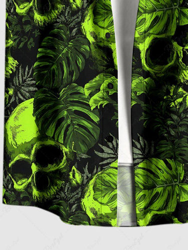 Gothic Plus Size Skull Tropical Leaf Print Button Pocket Shirt For Men