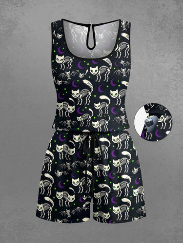 Gothic Plus Size Skeleton Cat Bat Moon Print Drawstring Pocket Romper