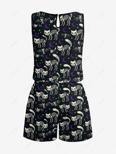 Gothic Plus Size Skeleton Cat Bat Moon Print Drawstring Pocket Romper