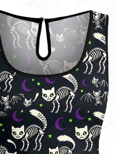 Gothic Plus Size Skeleton Cat Bat Moon Print Drawstring Pocket Romper