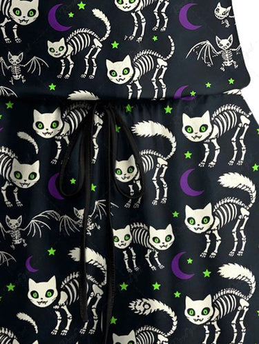 Gothic Plus Size Skeleton Cat Bat Moon Print Drawstring Pocket Romper