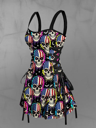 Gothic Skull Patriotic American Flag Bat Moon Print Lace Up A Line Dress
