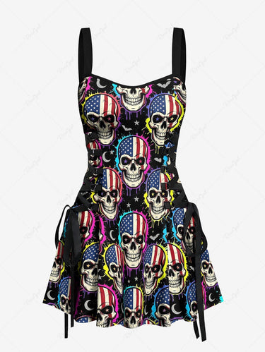 Gothic Skull Patriotic American Flag Bat Moon Print Lace Up A Line Dress