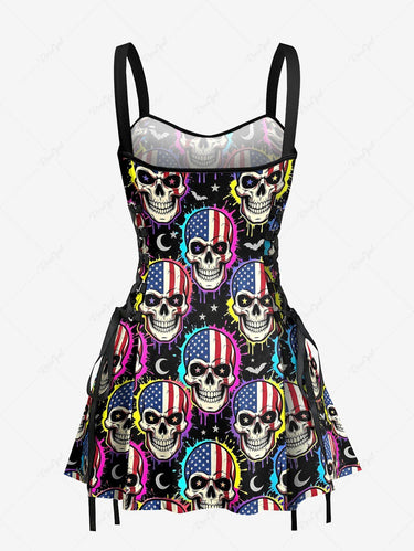 Gothic Skull Patriotic American Flag Bat Moon Print Lace Up A Line Dress