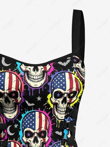 Gothic Skull Patriotic American Flag Bat Moon Print Lace Up A Line Dress