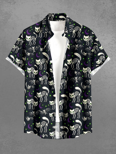 Gothic Plus Size Skeleton Cat Bat Moon Print Button Pocket Shirt For Men