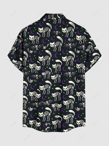Gothic Plus Size Skeleton Cat Bat Moon Print Button Pocket Shirt For Men