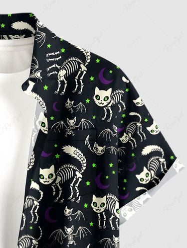 Gothic Plus Size Skeleton Cat Bat Moon Print Button Pocket Shirt For Men