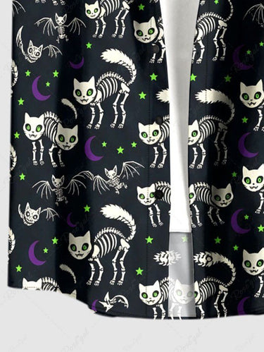 Gothic Plus Size Skeleton Cat Bat Moon Print Button Pocket Shirt For Men