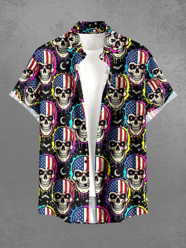 Gothic Plus Size Skull Patriotic American Flag Bat Moon Print Button Pocket Shirt For Men