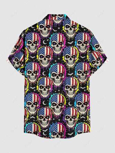 Gothic Plus Size Skull Patriotic American Flag Bat Moon Print Button Pocket Shirt For Men