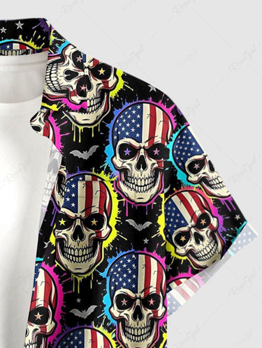 Gothic Plus Size Skull Patriotic American Flag Bat Moon Print Button Pocket Shirt For Men