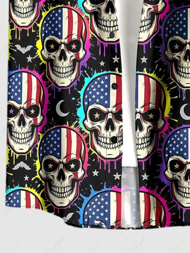 Gothic Plus Size Skull Patriotic American Flag Bat Moon Print Button Pocket Shirt For Men