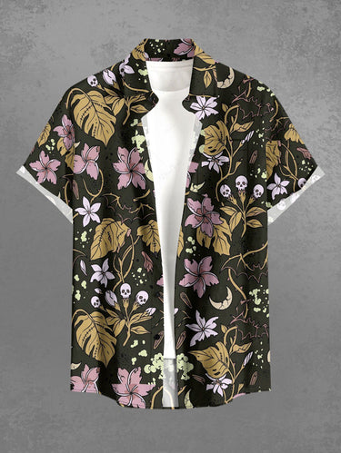 Gothic Plus Size Skull Flower Leaf Plant Print Button Pocket Shirt For Men