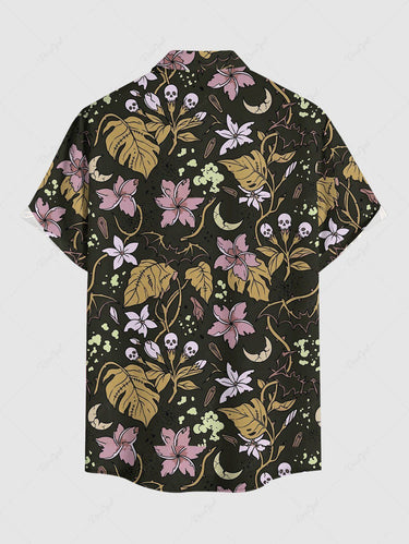 Gothic Plus Size Skull Flower Leaf Plant Print Button Pocket Shirt For Men