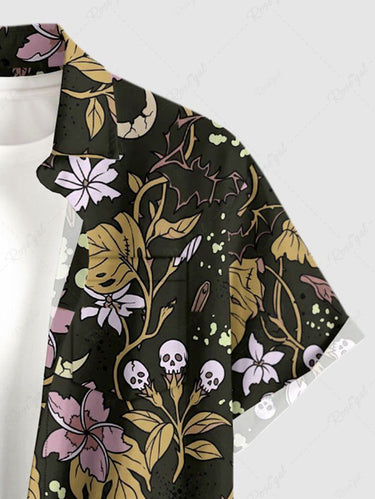 Gothic Plus Size Skull Flower Leaf Plant Print Button Pocket Shirt For Men