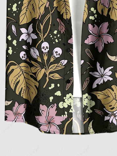Gothic Plus Size Skull Flower Leaf Plant Print Button Pocket Shirt For Men