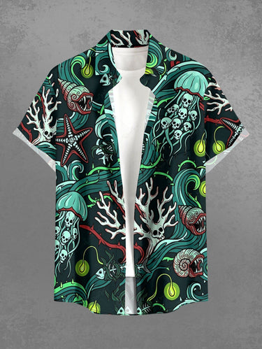 Gothic Plus Size Skull Jellyfish Coral Print Button Pocket Shirt For Men