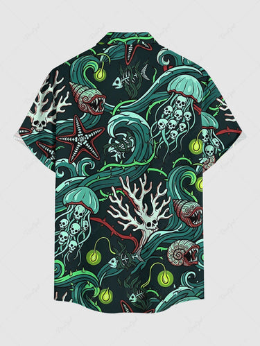 Gothic Plus Size Skull Jellyfish Coral Print Button Pocket Shirt For Men