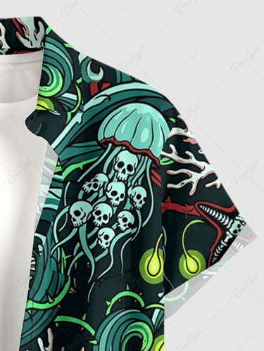 Gothic Plus Size Skull Jellyfish Coral Print Button Pocket Shirt For Men