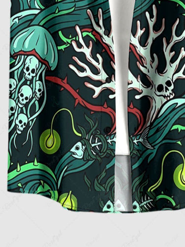 Gothic Plus Size Skull Jellyfish Coral Print Button Pocket Shirt For Men