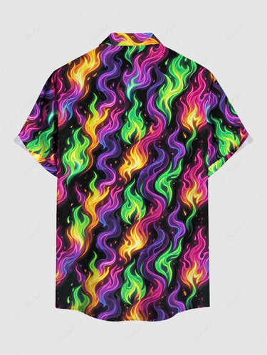 Gothic Plus Size Colorful Fire Flame Print Button Pocket Shirt For Men