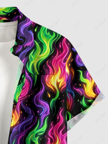 Gothic Plus Size Colorful Fire Flame Print Button Pocket Shirt For Men