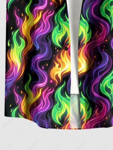 Gothic Plus Size Colorful Fire Flame Print Button Pocket Shirt For Men