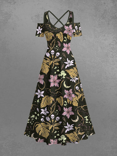 Gothic Plus Size Skull Flower Leaf Plant Print Cold Shoulder Crisscross A Line Maxi Dress