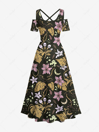 Gothic Plus Size Skull Flower Leaf Plant Print Cold Shoulder Crisscross A Line Maxi Dress