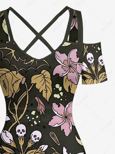 Gothic Plus Size Skull Flower Leaf Plant Print Cold Shoulder Crisscross A Line Maxi Dress