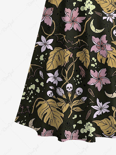 Gothic Plus Size Skull Flower Leaf Plant Print Cold Shoulder Crisscross A Line Maxi Dress