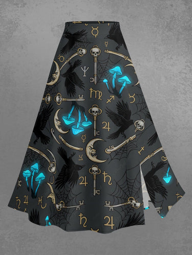 Gothic Plus Size Skull Key Moon Spider Web Mushroom Crow Print Split A Line Skirt