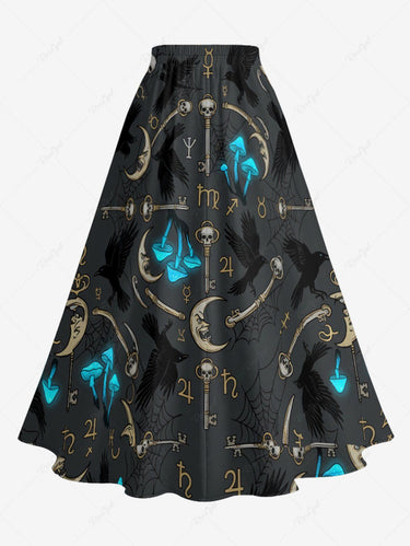 Gothic Plus Size Skull Key Moon Spider Web Mushroom Crow Print Split A Line Skirt